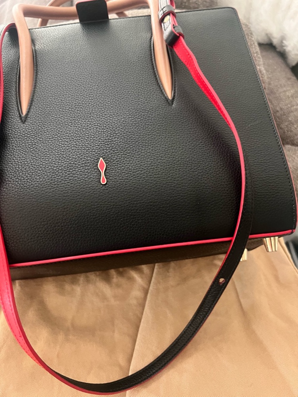 Christian Louboutin Paloma Black Studded Tote with Tan Handles medium - Picture 8 of 11